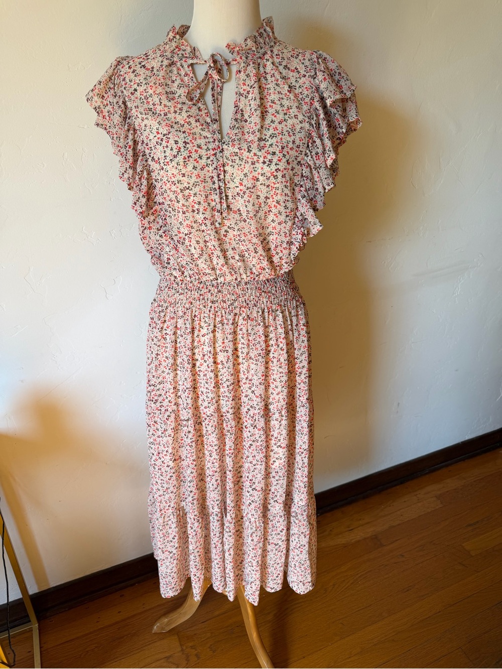 entro Cream Midi Dress with Red and Green Floral Print